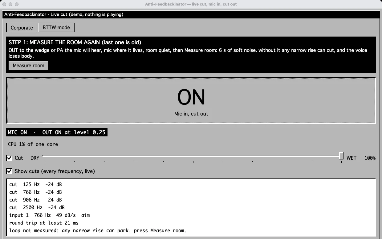 Corporate mode with Show cuts ticked: a list of cuts at 125, 766, 906 and 2500 Hz, each at -24 dB.