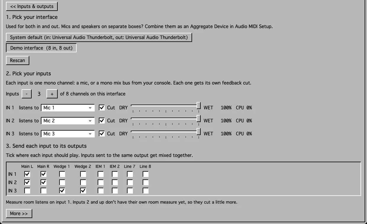 Inputs and outputs: three mics, each with its own cut and dry/wet slider, and a grid of tick boxes sending each mic to Main L, Main R or a wedge.