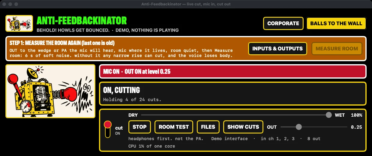 Balls to the Wall mode with nothing howling: On, cutting, holding 4 of 24 cuts, dry/wet at 100% and the output level.