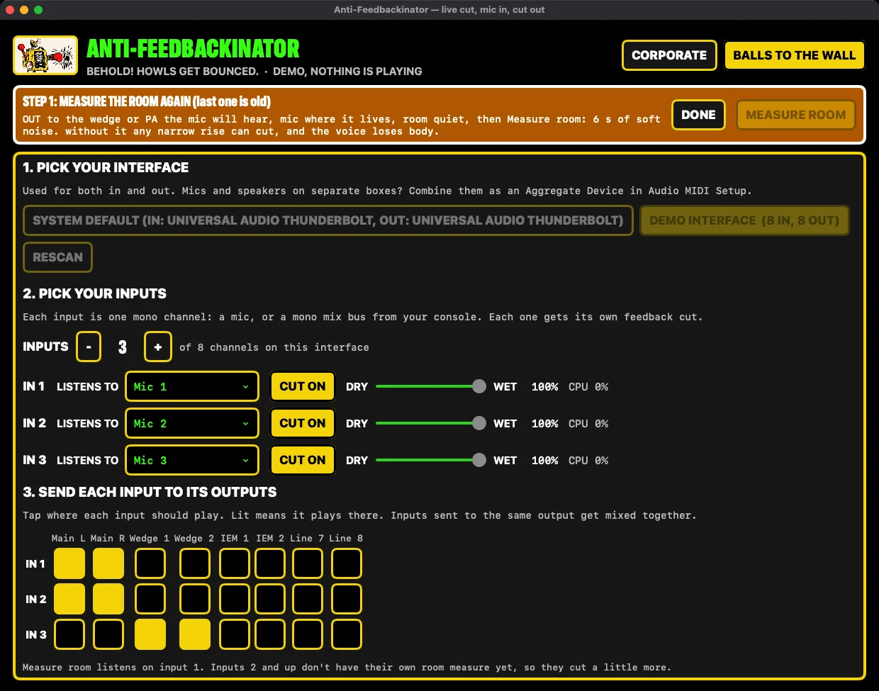 The patch grid: three inputs, each with its own cut and dry/wet slider, ticked to Main L, Main R or a wedge.